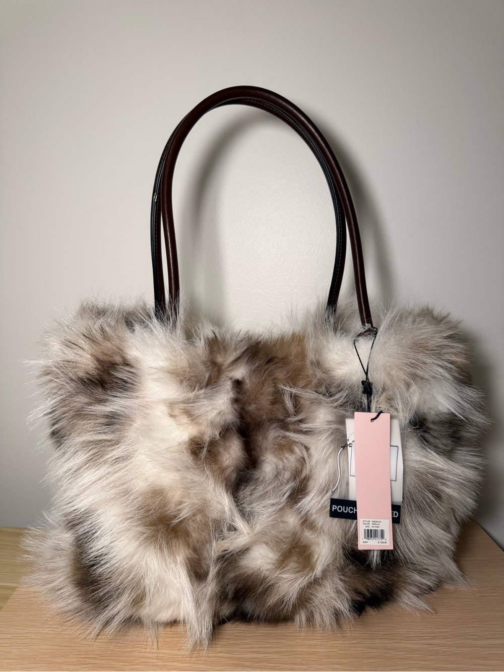 Faux Fur Tote in Beige and Brown with Dark Brown Handles